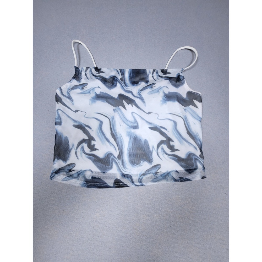 rue21 Blue White Marble Swirl Mesh Crop Cami Top Size M Spaghetti Strap Y2K